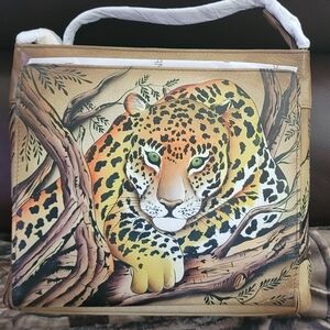 Anuschka Leather Hand Painted Crossbody Organizer Bag Green Eye African Leopard